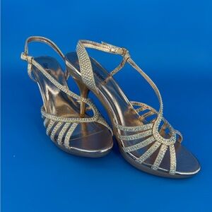 Silver Slipper Gold Heels with Rhinestone Accents